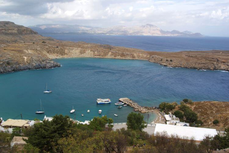 Photo by Paul Scarth of the view from above of Pallas Beach, Lindos, Rhodes