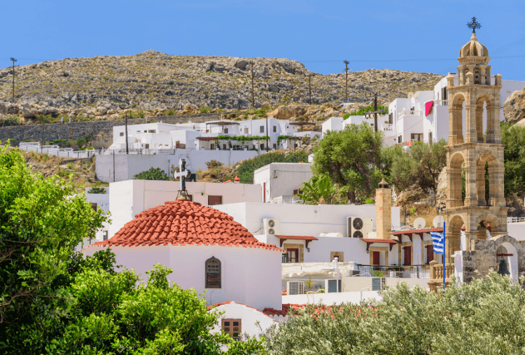 Photo of the orange tiled roof of the Church and Tower of Panagia, Lindos Town, Rhodes