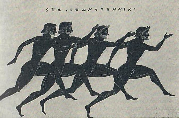 A painting on an amphora vase of sprinters at the Panatheneic Games in Ancient Greece