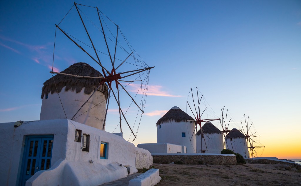 Windmills at sunset, Mykonos, Greece