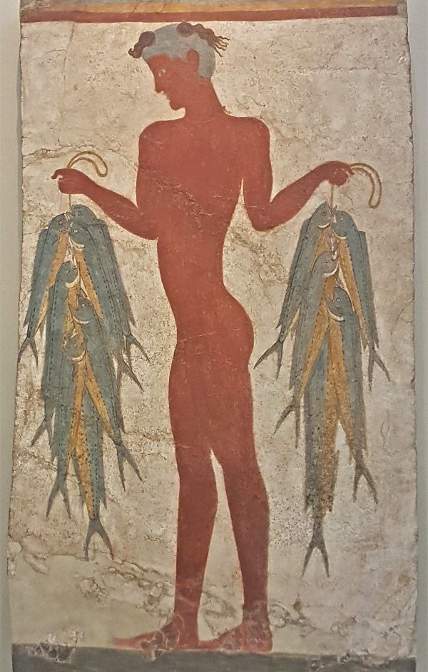 Young man with fish wall fresco, Akrotiri, Santorini