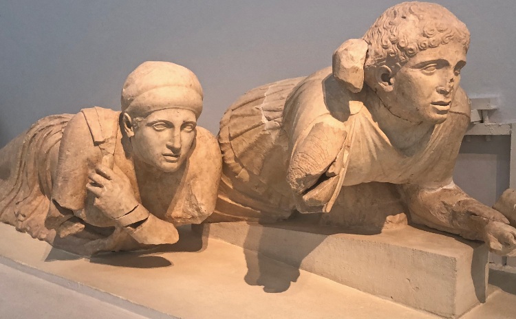 Two statues on the Pediments of the Temple of Zeus at Ancient Olympia, in the Museum of Archaeology of Olympia, Greece