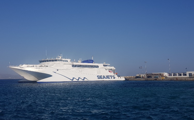 Ferry docked at the main port of Paros, Greece