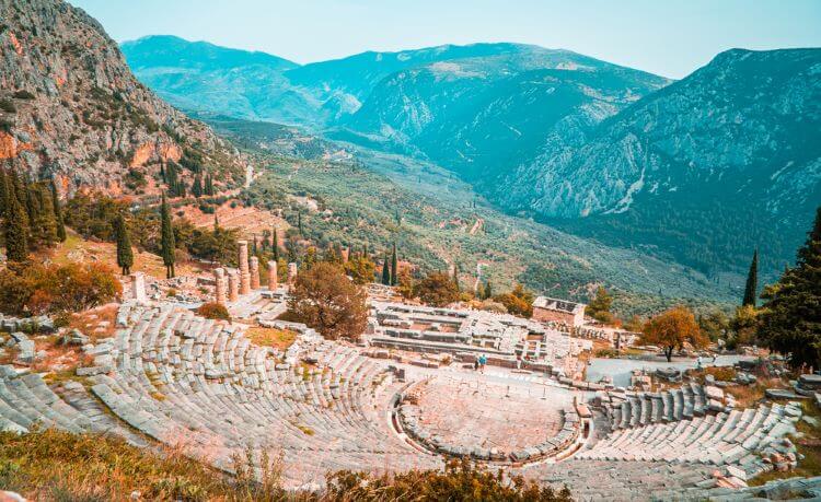 Photo of the Ancient Theater of Delphi which nestles in the upper slope of Mount Parnassus.