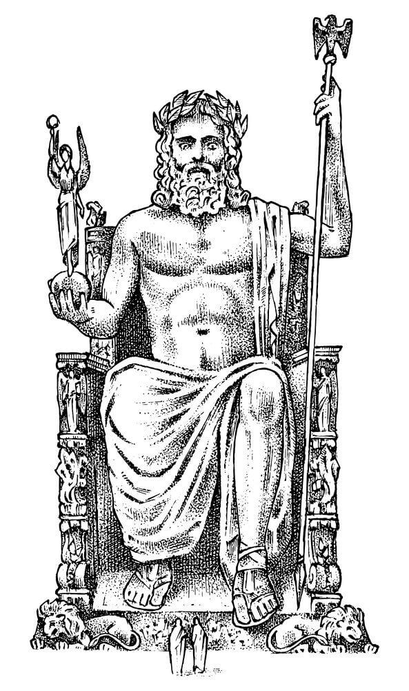 Line drawing of Statue of Olympian Zeus sitting on golden throne holding objects in both hands that once stood in the Sanctuary of Zeus, near the Ancient Stadium at Olympia