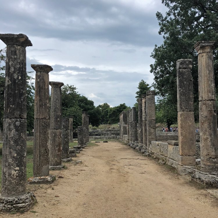 Walkway between rows of Stone columns of the Palaestra, Ancient Olympia, Greece