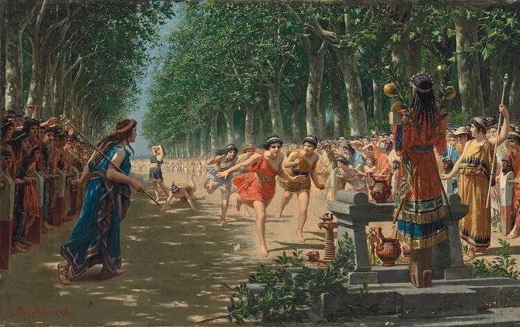 Painting depicting the finishing stages of the stadion race of the Heraean Games by Prospero Piatti in ancient Greece