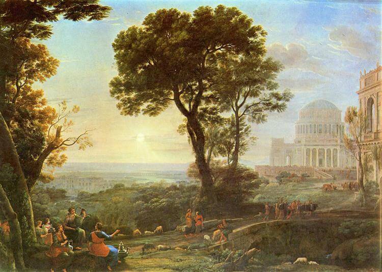 A Photo of a painting of the Veduta of Delphi with a sacrificial procession,  by Claude Lorrain, c.1645